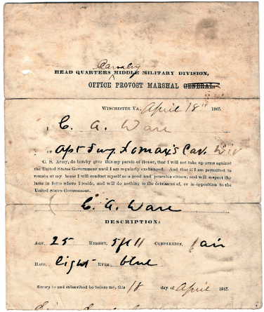 Charles Ware Civil War Parole Certificate